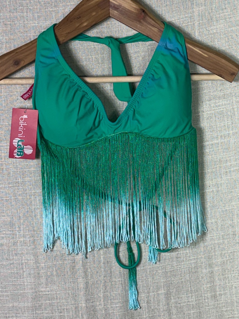 NWT Bikini Lab Ombré Fringe Triangle Bikini Top Green Size Large